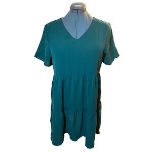 Forest Green V-Neck Tiered Babydoll Dress Short Sleeve Size L 100% Dacron